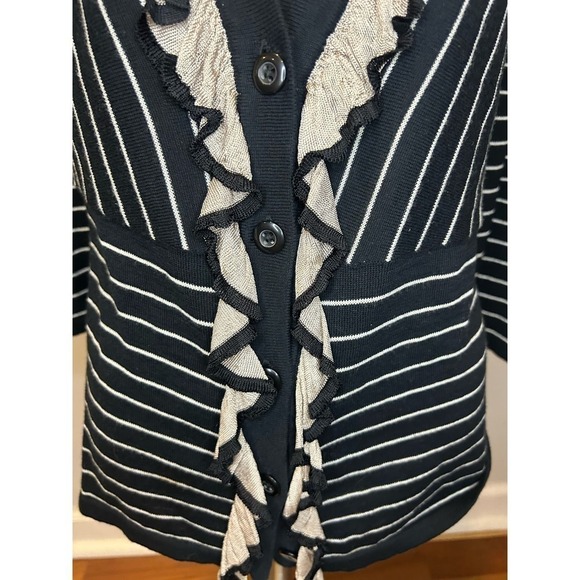 CAbi black and cream striped cardigan with ruffle Sz Medium 100% cotton - Picture 4 of 6